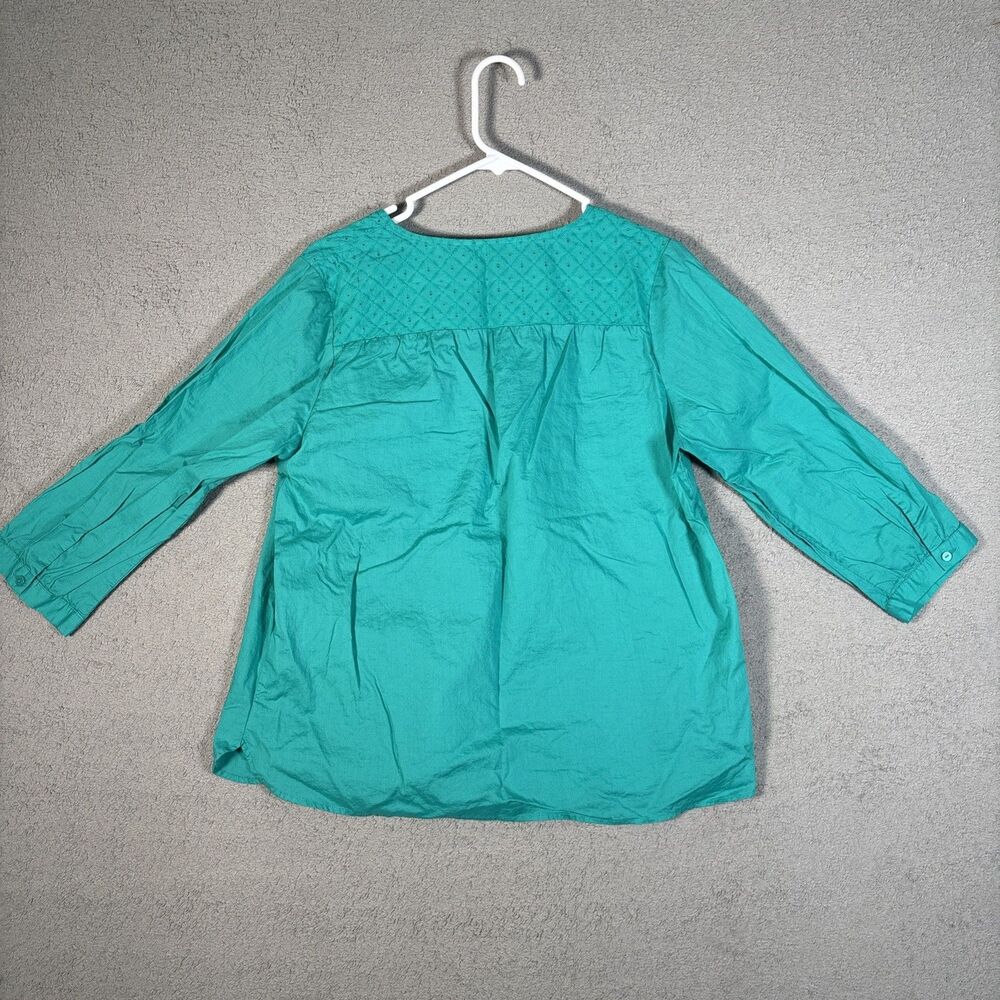 LL Bean Top Women’s Size M Teal Eyelet Chest Tie Neck‎ 3/4 Sleeve Blouse Shirt - Picture 9 of 11